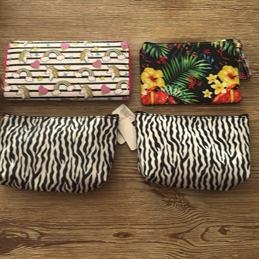 Set of Three Colorful Cosmetic Bags & One Billfold